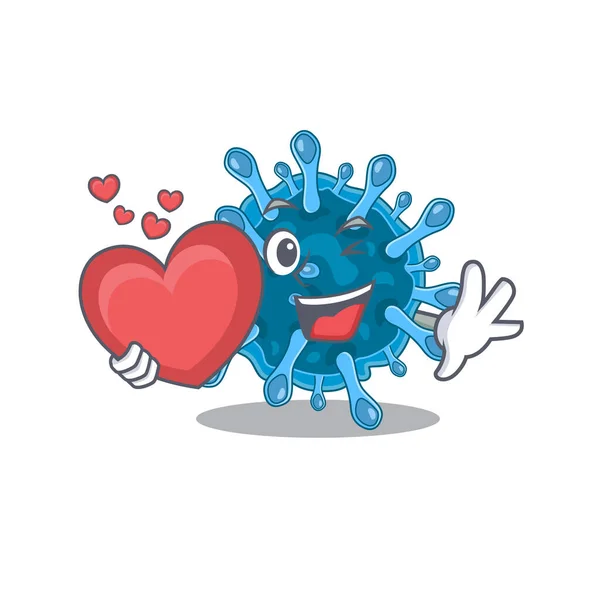 Un romantico disegno dei cartoni animati del microscopico virus corona che tiene il cuore — Vettoriale Stock