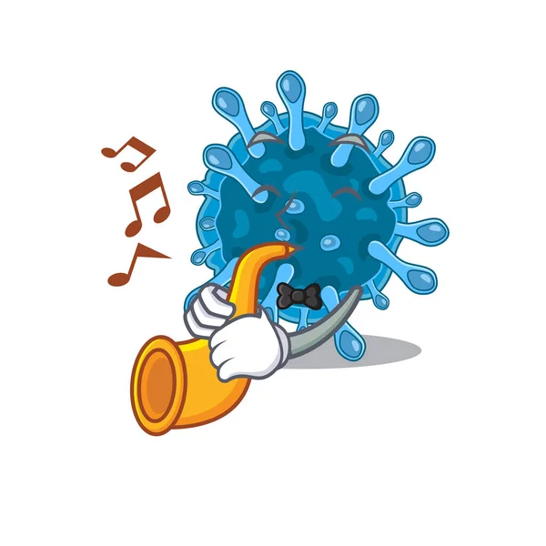 Diseño microscópico del personaje de dibujos animados coronavirus tocando una trompeta — Archivo Imágenes Vectoriales