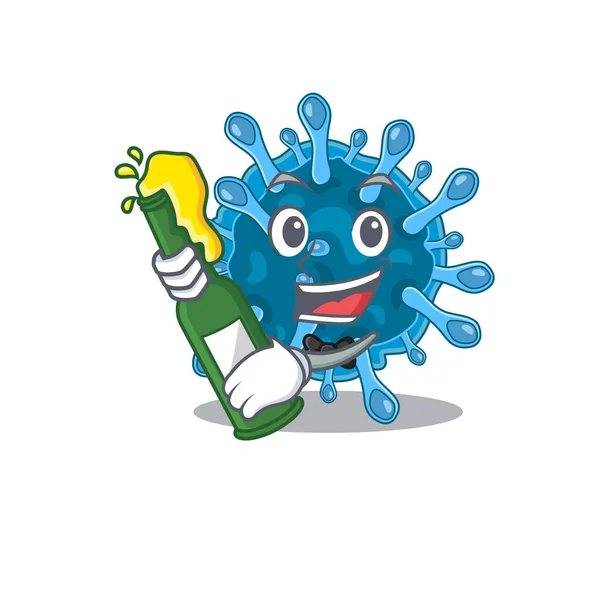 Microscopic coronavirus with bottle of beer mascot cartoon style — Stock Vector