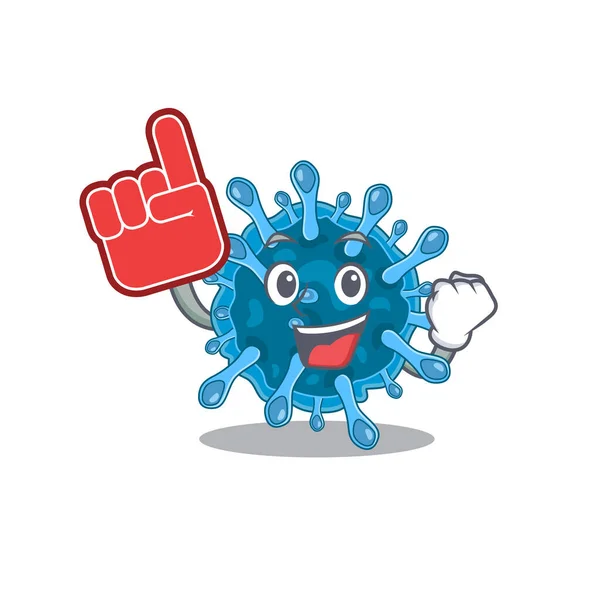 Microscópico coronavírus mascote estilo cartoon com dedo de espuma — Vetor de Stock