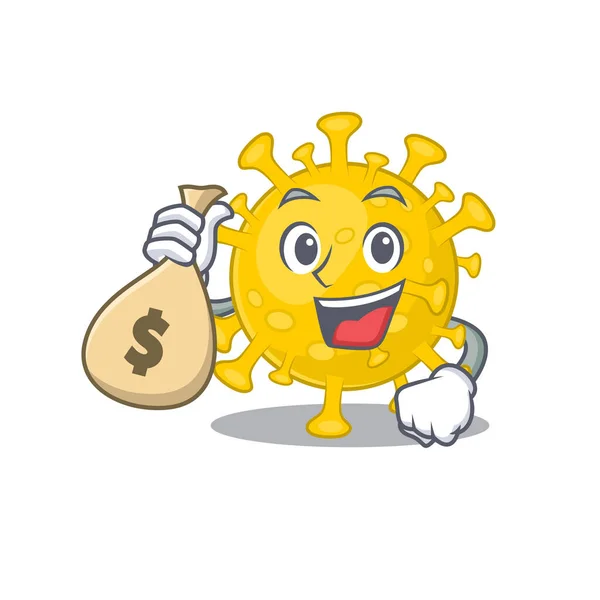 Smiley riche corona virus diagnostic personnage de bande dessinée apporter des sacs d'argent — Image vectorielle