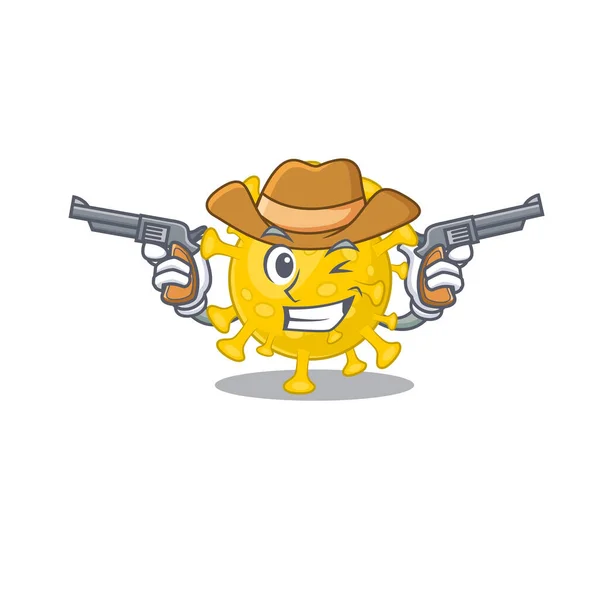 Diagnostic drôle de virus corona comme un personnage de dessin animé cow-boy tenant des armes — Image vectorielle