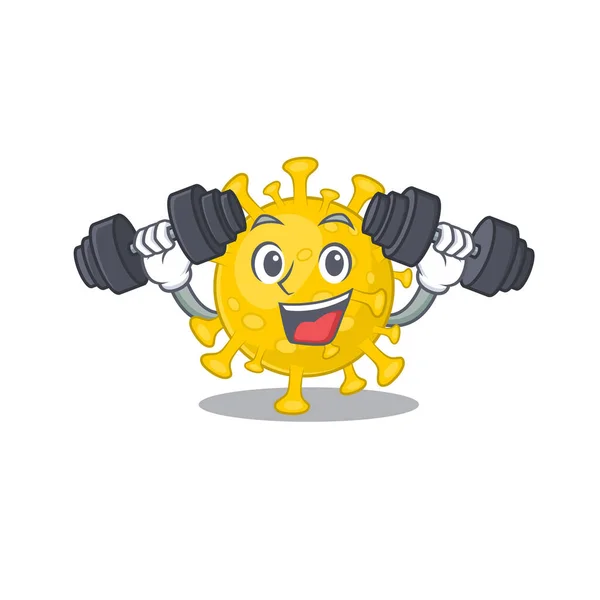 Smiley Fitness exercice corona virus diagnostic caricature personnage élever des cloches — Image vectorielle