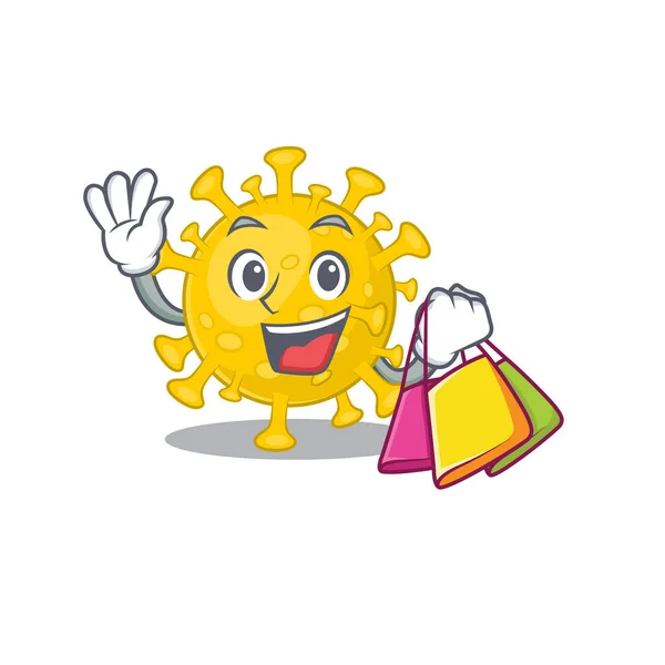 Feliz rico corona vírus diagnóstico mascote design acenando e segurando saco de compras — Vetor de Stock