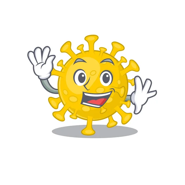 Smiley corona virus diagnóstico diseño de la mascota de dibujos animados con la mano agitada — Archivo Imágenes Vectoriales