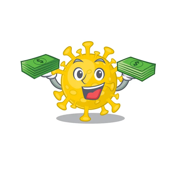 Szczęśliwy twarz korona wirus diagnoza charakter mając pieniądze na rękach — Wektor stockowy