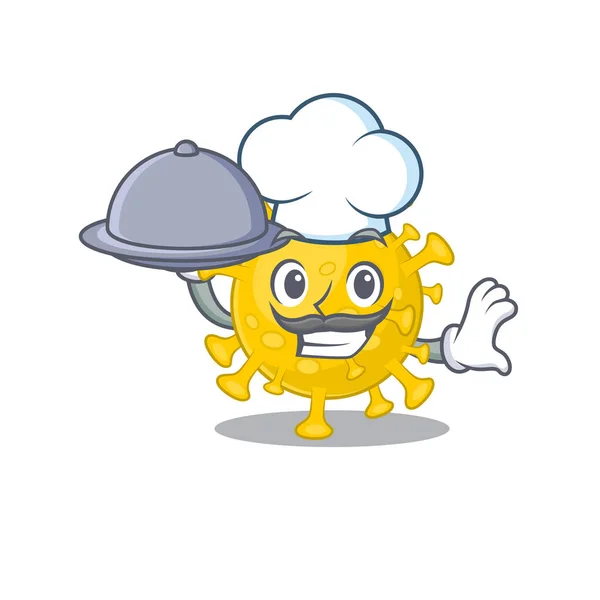 Diagnóstico de vírus Corona como um personagem de desenho animado chef com comida na bandeja — Vetor de Stock