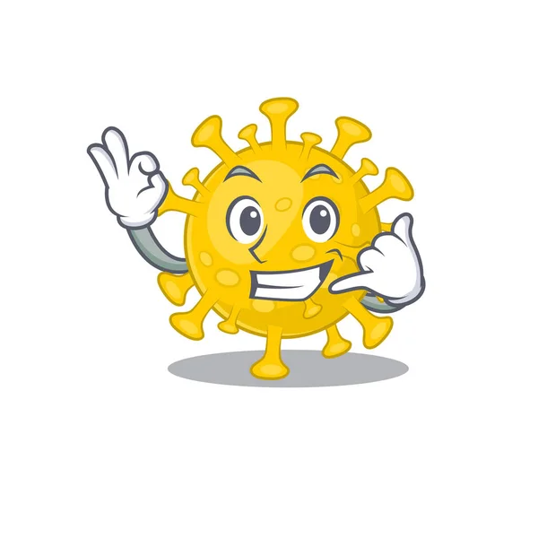 Corona virus diagnóstico mascota dibujo animado mostrando Llámame gesto — Vector de stock