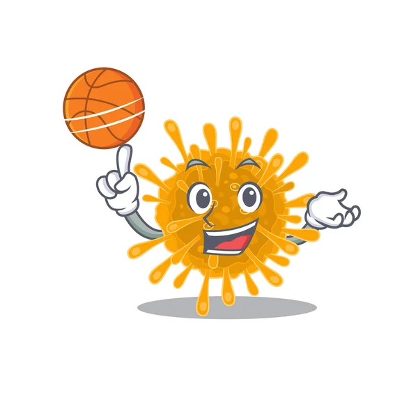 En sportig coronvirus tecknad maskot design spelar basket — Stock vektor