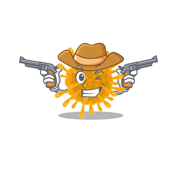 Drôle de coronavirus comme un personnage de dessin animé cow-boy tenant des armes — Image vectorielle