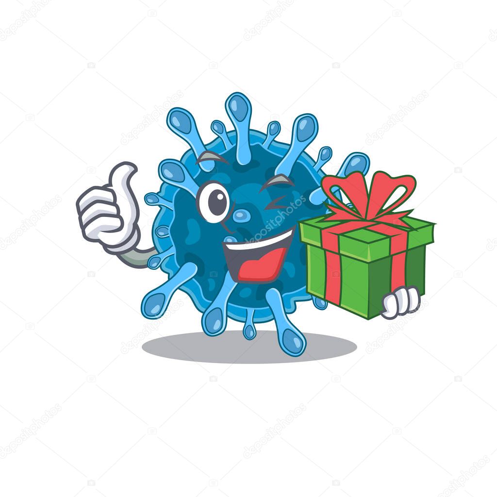 Smiley microscopic corona virus cartoon character having a gift box