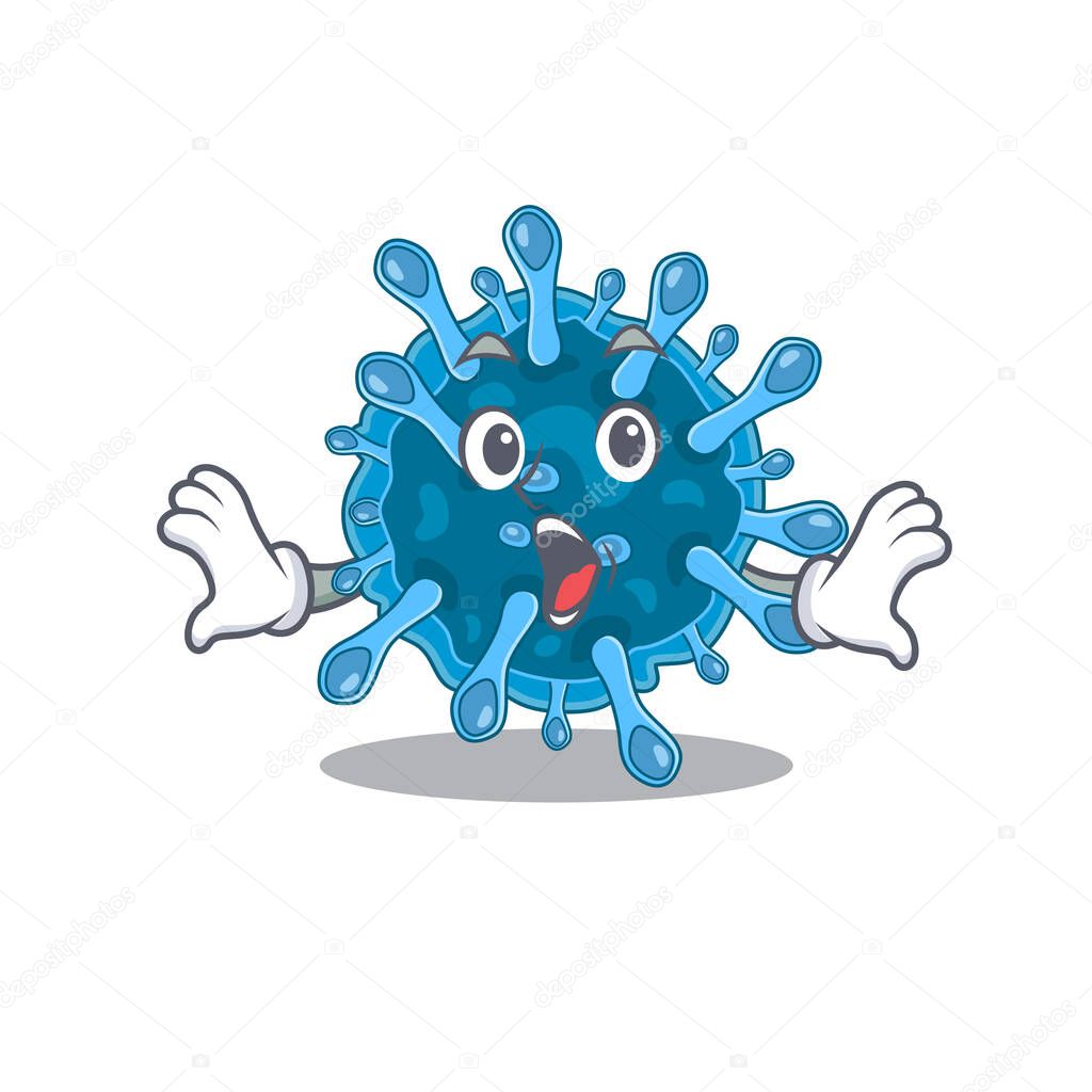 A cartoon character of microscopic corona virus making a surprised gesture