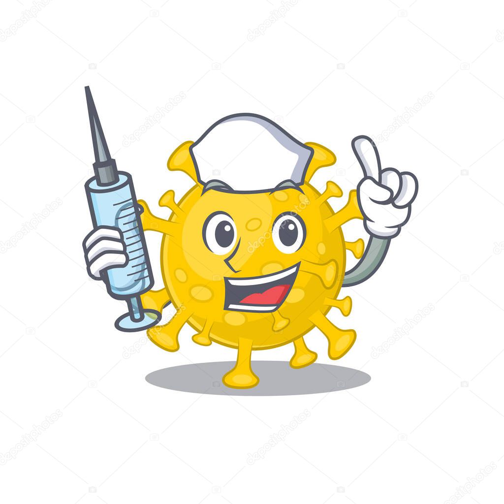 Friendly nurse of corona virus diagnosis mascot design holding syringe