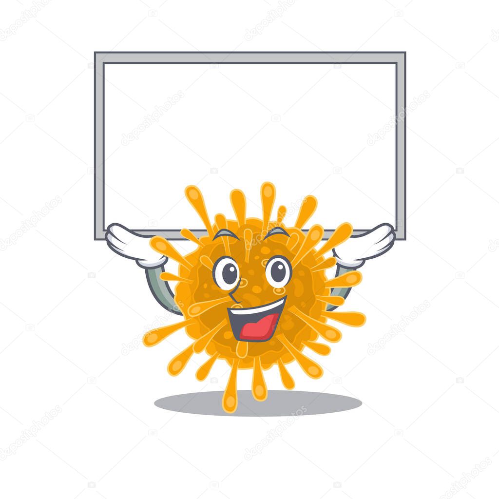 Happy cartoon character of coronaviruses raised up board