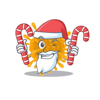 Friendly coronaviruses in Santa Cartoon character having candies