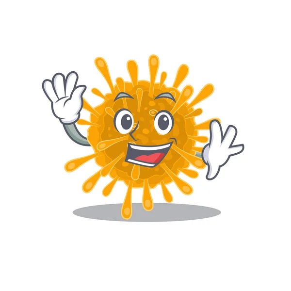 Smiley coronaviruses cartoon mascot design with waving hand — Stock Vector