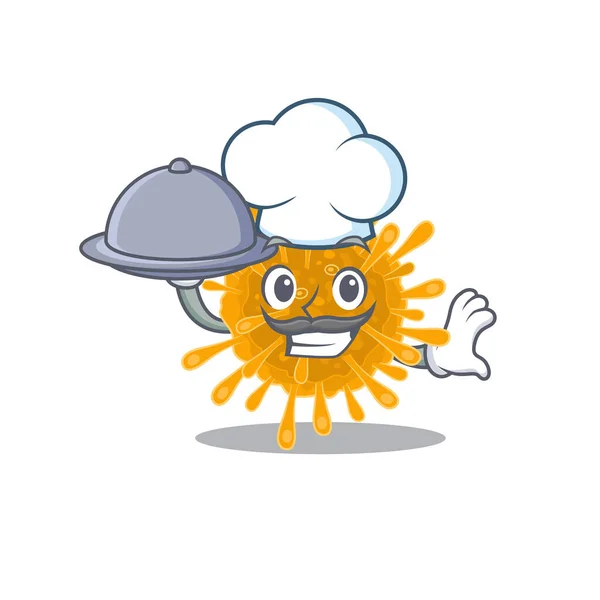 Coronaviruses as a chef cartoon character with food on tray — Stockvector