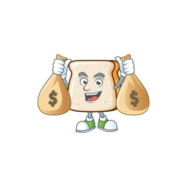Happy rich slice of bread mascot design carries money bags