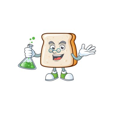 Ekmek dilimi Zeki Profesör Çizgi film dizaynı Cam bir tüp kavrıyor