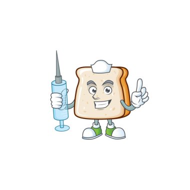 Şırınga kullanan hoş bir ekmek maskotu tasarımı hemşiresi.