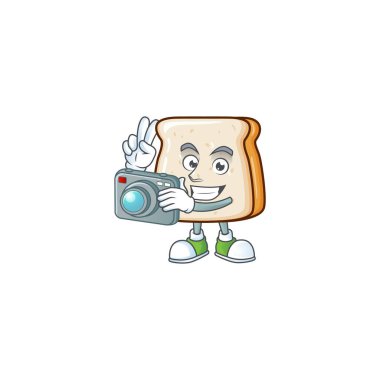Kameralı profesyonel bir fotoğrafçı olarak ekmek maskotu tasarımı.