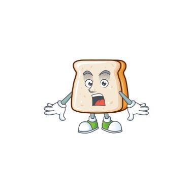 Bir dilim ekmeğin maskot tasarımı sürpriz bir jest yapıyor.