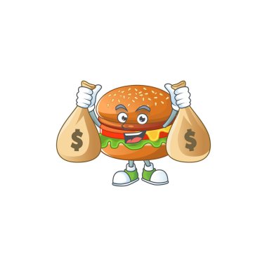 Happy rich hamburger mascot design carries money bags