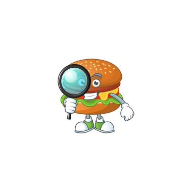Havalı ve akıllı hamburger dedektif maskot tasarımı tarzı