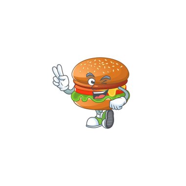 İki parmağını gösteren neşeli bir hamburger maskotu tasarımı.