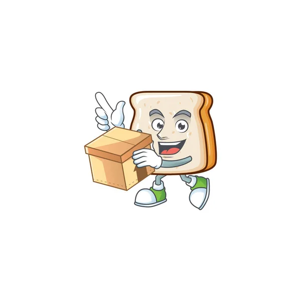Un icono de rebanada de estilo de diseño de la mascota del pan con una caja — Vector de stock