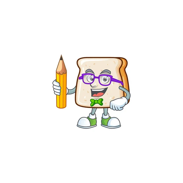 Fatia de pão caráter estudante inteligente usando um lápis — Vetor de Stock