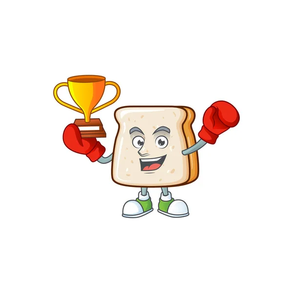 Happy face of boxing winner slice of bread in mascot design style - Stok Vektor