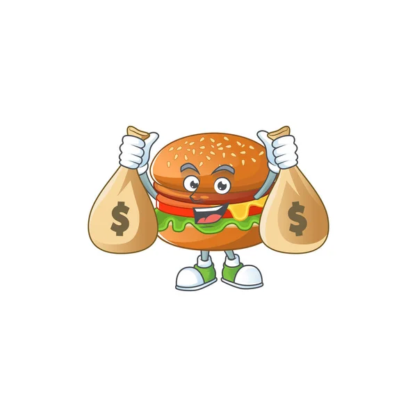 Projeto de mascote hambúrguer rico feliz carrega sacos de dinheiro — Vetor de Stock