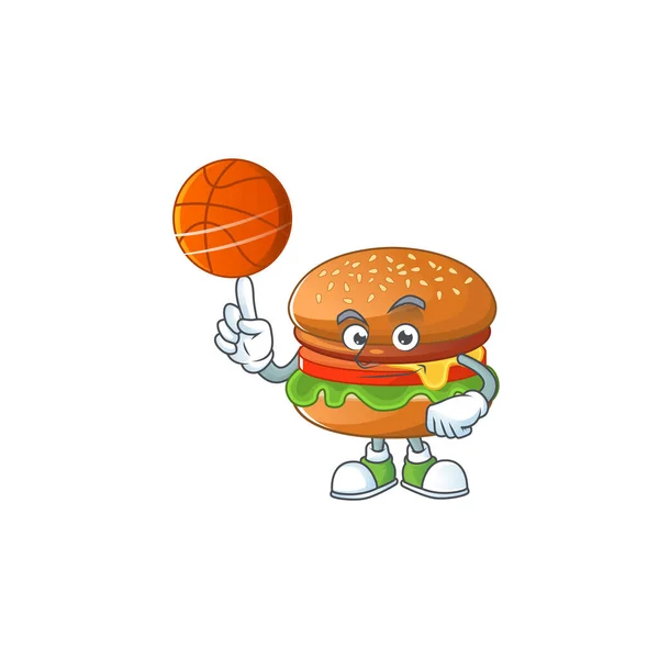 Attractive hamburger cartoon character design with basketball — Stockový vektor