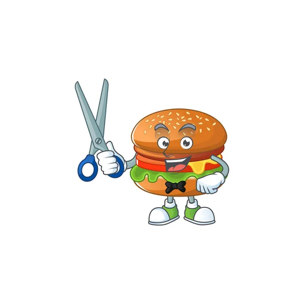 Cool Barber hamburger cartoon mascot design style — стоковий вектор