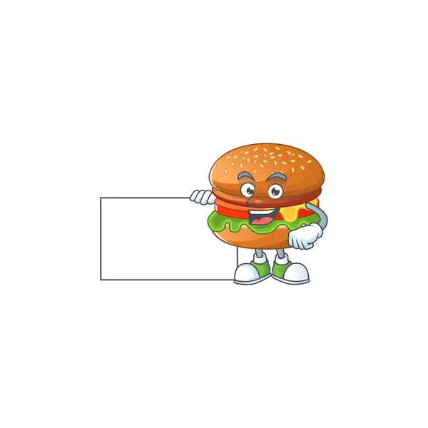 Desenho de desenho animado de hambúrguer engraçado Polegares com uma placa branca — Vetor de Stock
