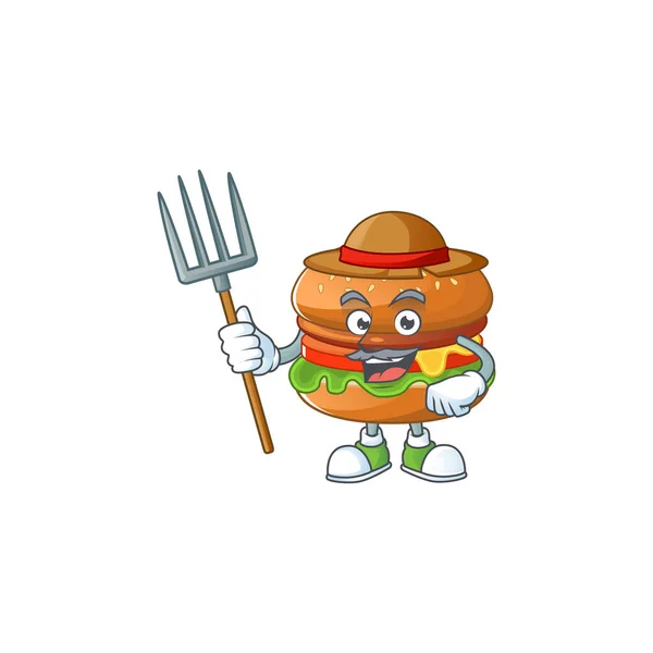 Hamburger v Farmer maskot design s kloboukem a vidlemi — Stockový vektor