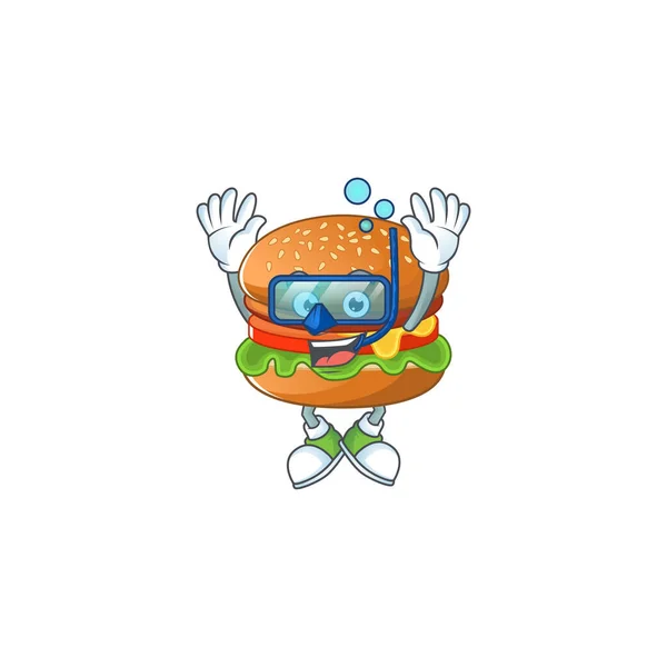 Um desenho animado de hambúrguer tentando óculos de mergulho — Vetor de Stock