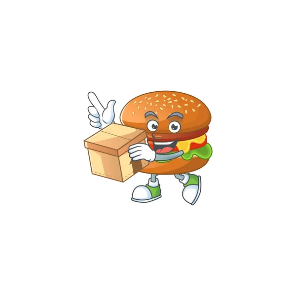 An icon of hamburger mascot design style with a box — Stock Vector