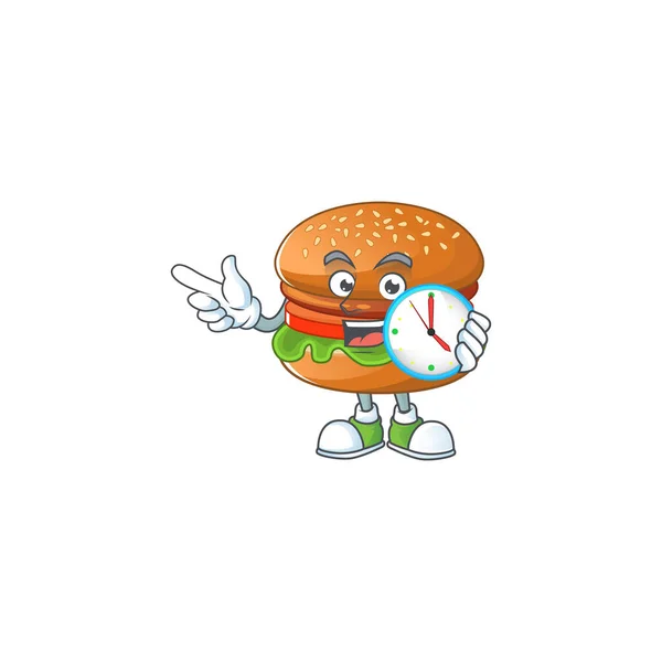 Estilo de personagem de desenho animado de hambúrguer alegre com relógio — Vetor de Stock
