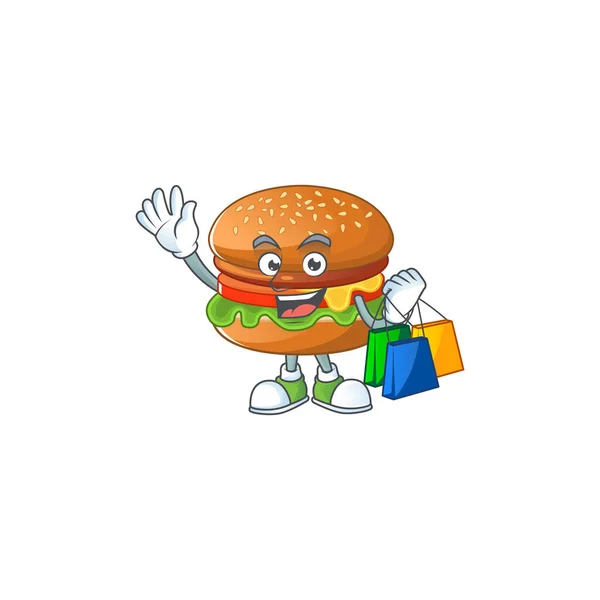 Diseño de la mascota de hamburguesa rica sonriente con bolsa de compras — Vector de stock