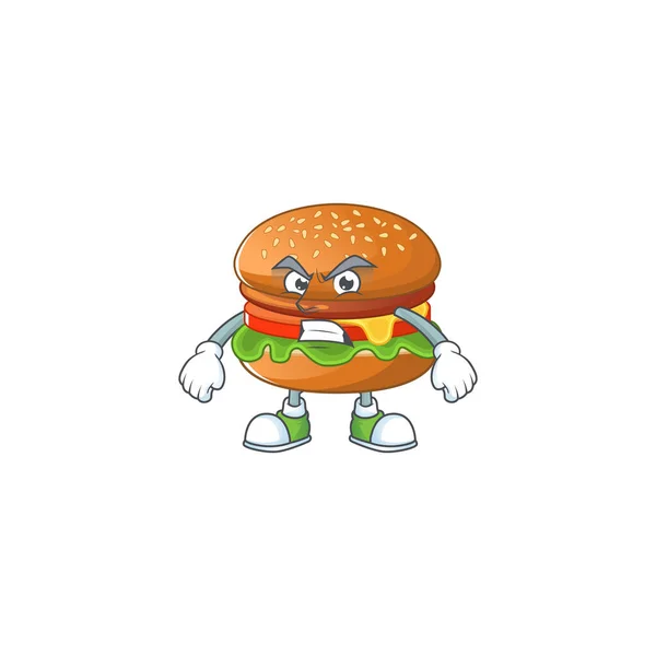 Okouzlující hamburger maskot design styl mávání rukou — Stockový vektor
