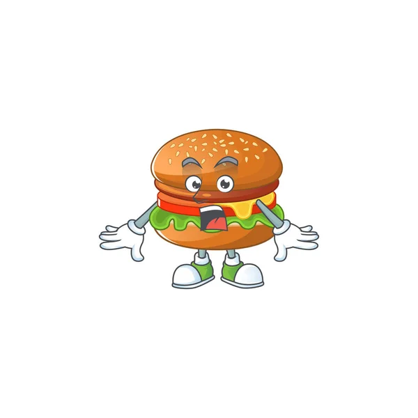 Hamburgerin maskot tasarımı sürpriz bir jest yapıyor. — Stok Vektör