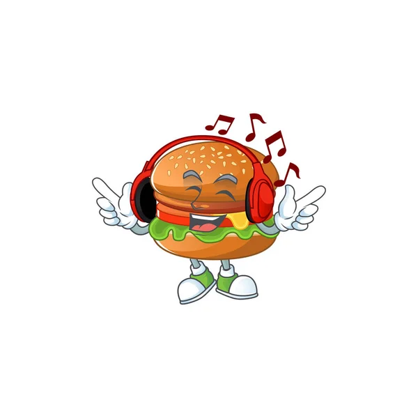 Cartoon mascotte ontwerp van hamburger genieten van muziek — Stockvector