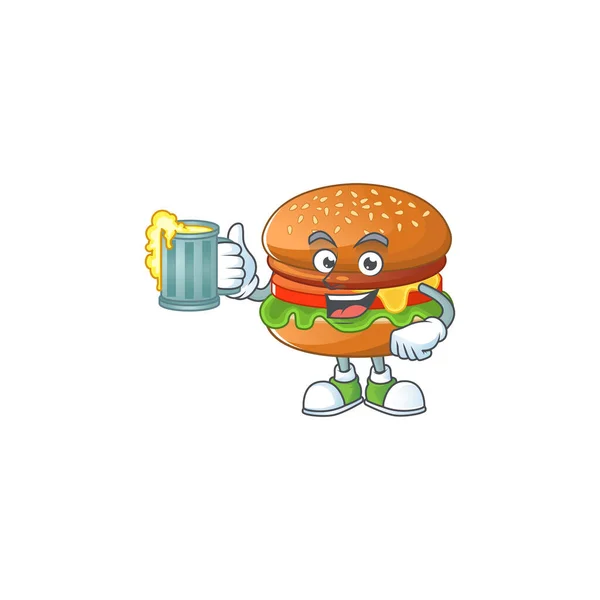Um conceito de desenho animado de hambúrguer com um copo de cerveja — Vetor de Stock