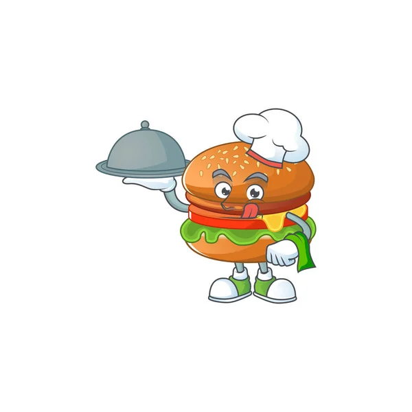 Bucătar personaj de desene animate de hamburger cu alimente pe tavă — Vector de stoc