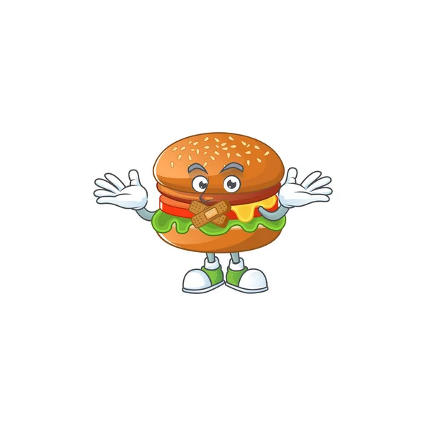 Hamburger cartoon character design concept showing silent gesture — Stock Vector