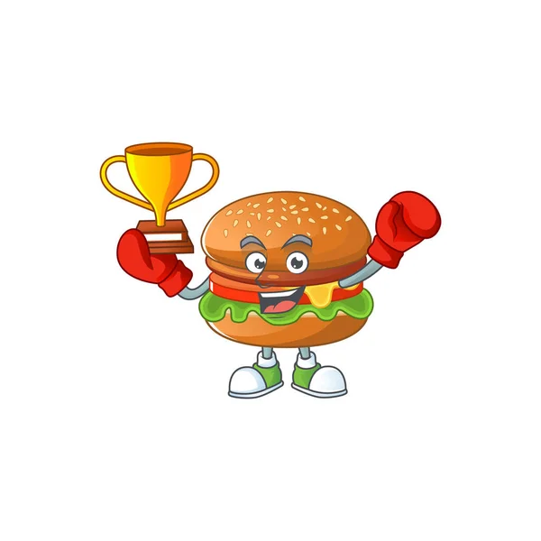 Cara feliz de hambúrguer vencedor de boxe no estilo de design mascote — Vetor de Stock