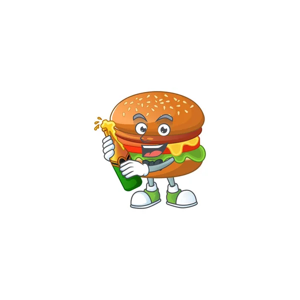 Mascot cartoon design of hamburger with bottle of beer — Stock Vector