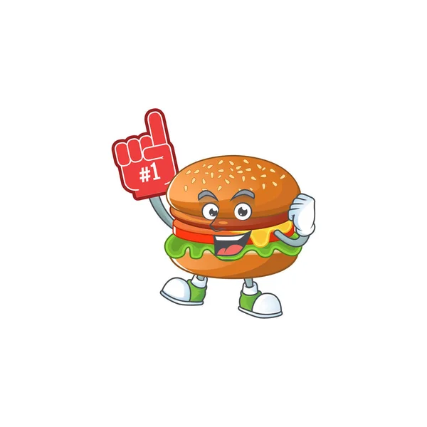 Hamburger presentato nel design del personaggio dei cartoni animati con dito in schiuma — Vettoriale Stock